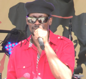 A man wearing sunglasses singing into a microphone