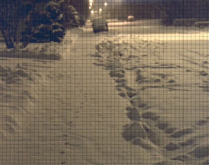 Nigh image, footsteps in the snow